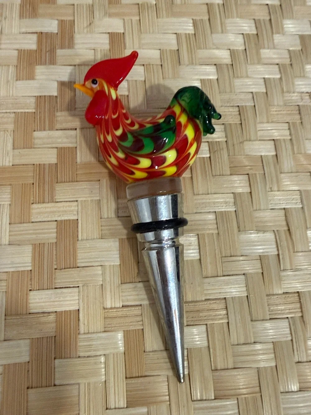 Hand Blown Art Glass Rooster Wine Bottle Stopper Colorful Murano Style Barware